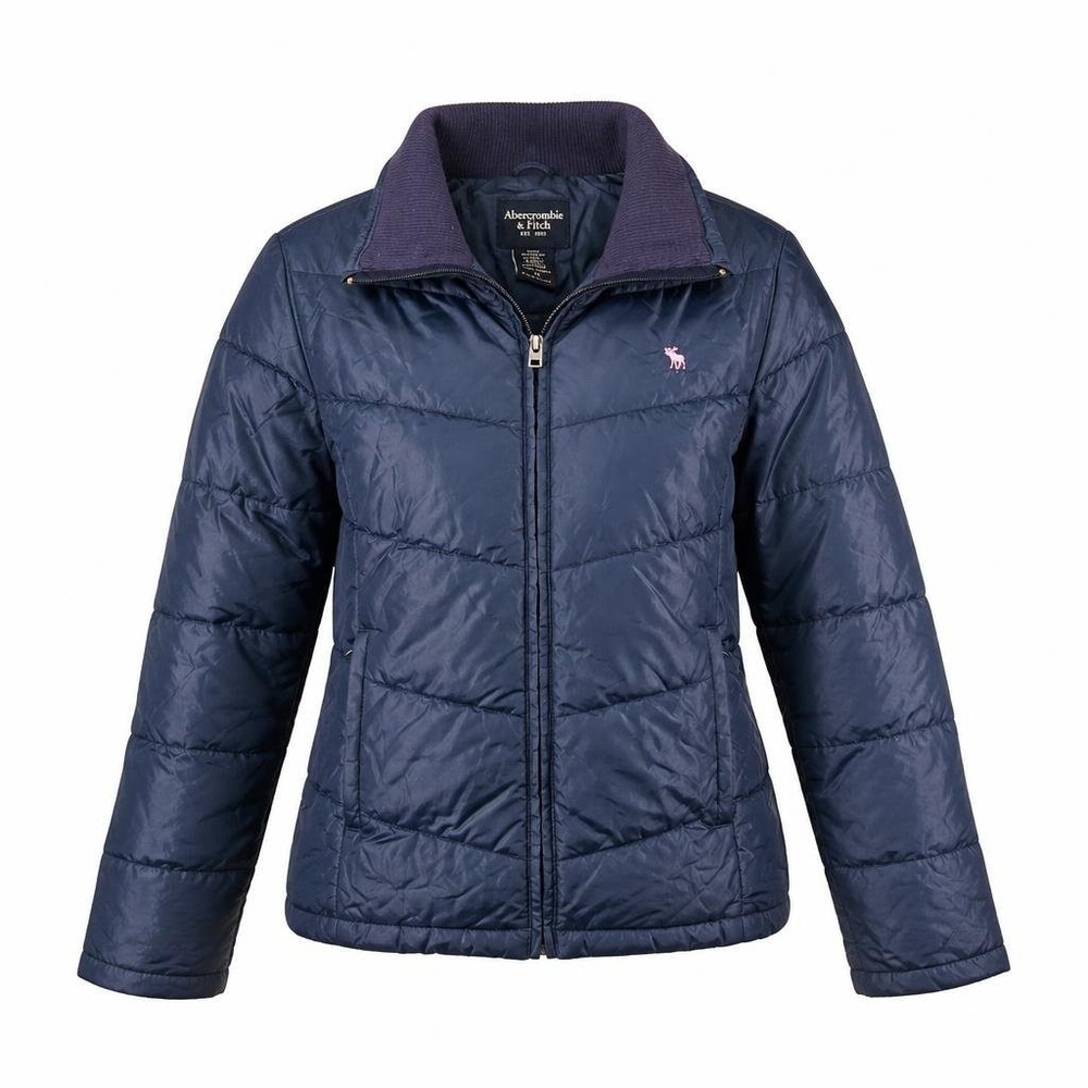 VTG Abercrombie Jacket Womens M Blue Down Zip Quilted Puffer Y2K Pink Moose Logo